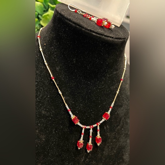 RED AB AND BEADED NECKLACE AND HOOK EARRINGS SET-ONE OF A KIND - Picture 6 of 9